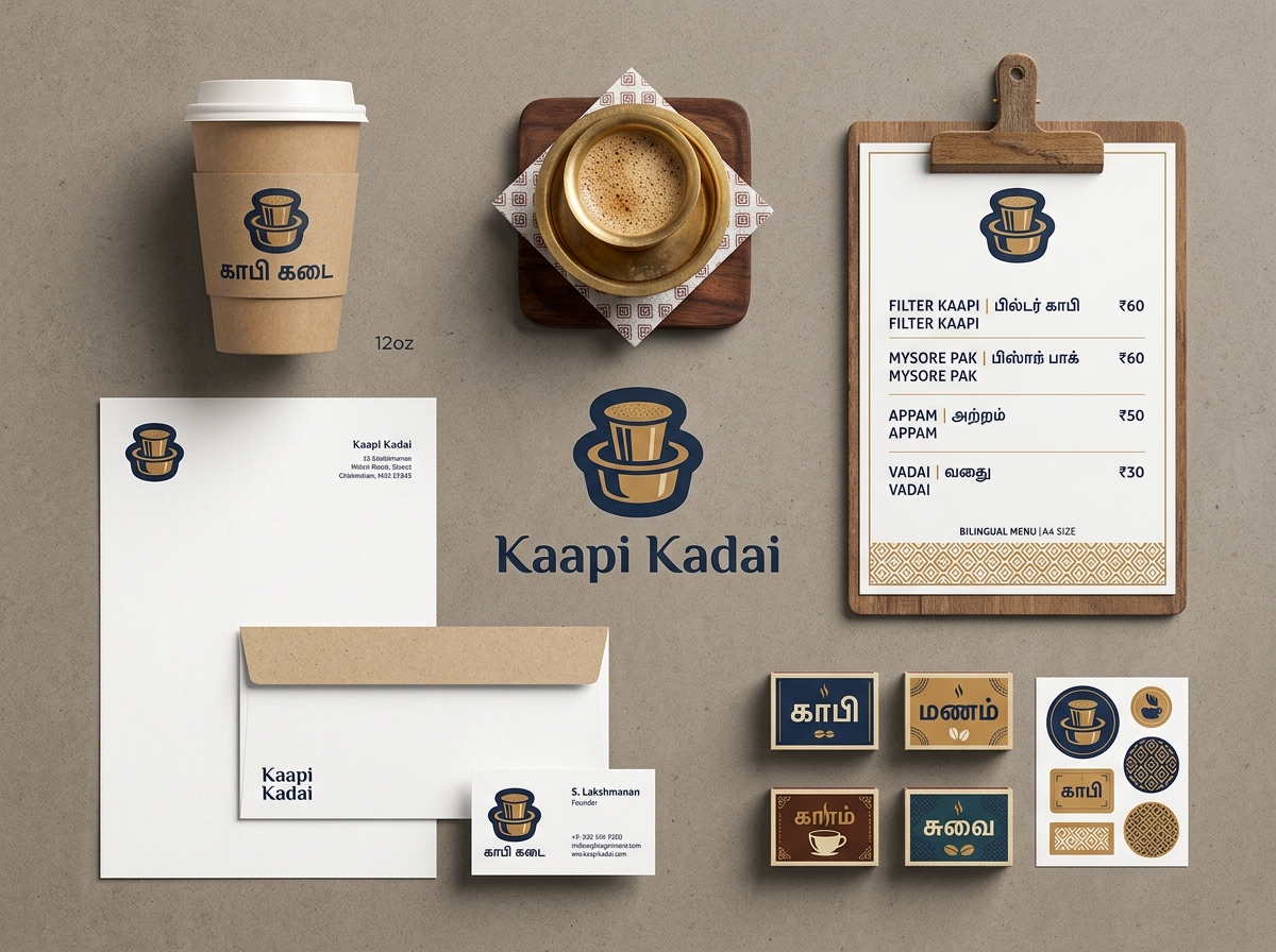 Kaapi Kadai brand identity design including kraft coffee cups, bilingual menu board, and matchbox labels
