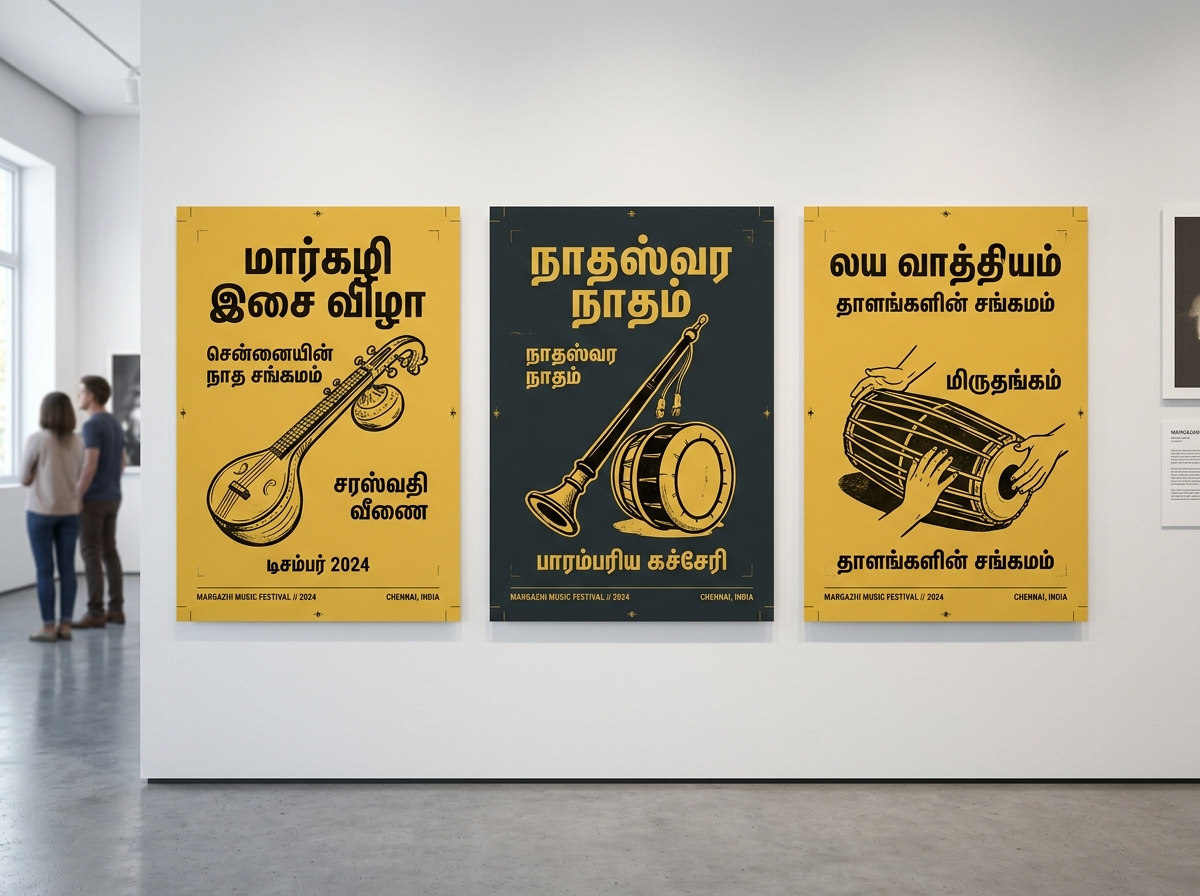 Margazhi Season poster series showing three screenprint posters for Veena, Nadaswaram, and Mridangam